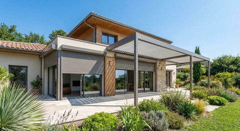 Façade d'une maison résidentielle moderne avec installation de fenêtres et portes en aluminium ou PVC de qualité, volets roulants motorisés intégrés, et une pergola bioclimatique motorisée couvrant une terrasse attenante. La scène montre une intégration harmonieuse de solutions de menuiserie et de domotique, photographiée de jour avec bon éclairage naturel.