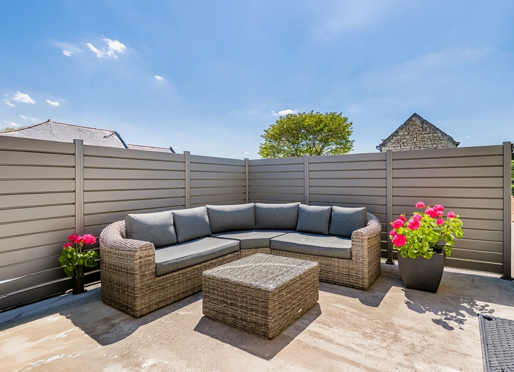 Terrasse extérieure aménagée avec salon de jardin en résine tressée, canapé d'angle modulable avec coussins gris anthracite et table basse assortie