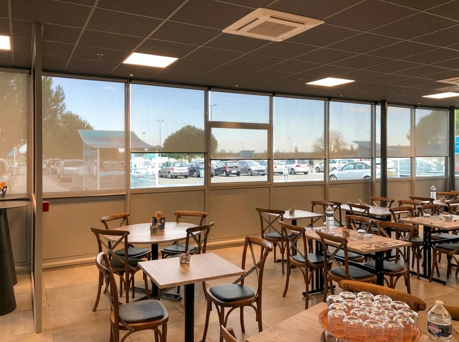 Salle de restaurant lumineuse avec tables rondes et rectangulaires en bois clair, chaises bistrot à dossier croisillon avec assises noires