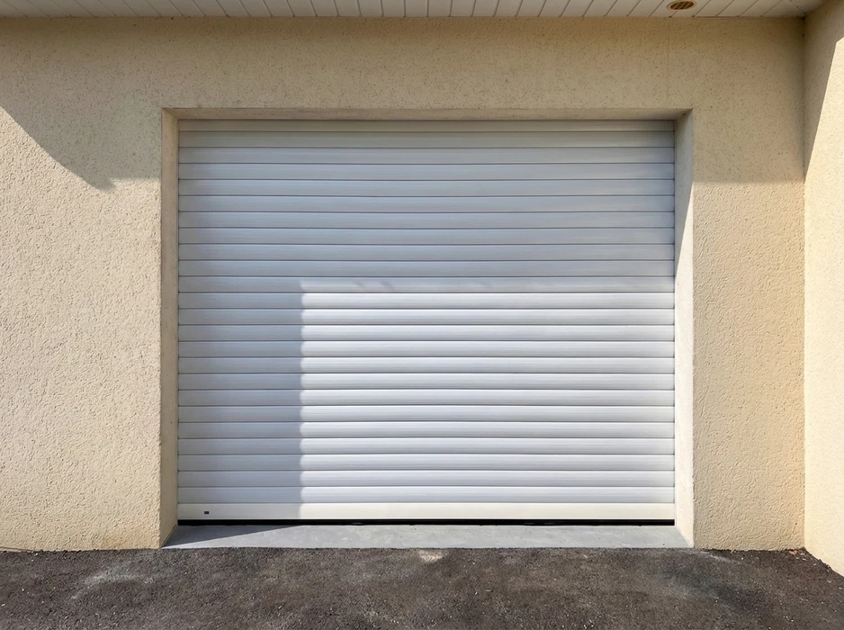 Porte de garage enroulable en aluminium blanc, installée en façade extérieure d'un bâtiment à enduit beige