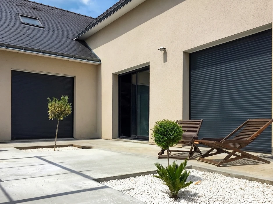 Façade de maison contemporaine avec deux volets roulants en aluminium gris anthracite, une porte coulissante vitrée