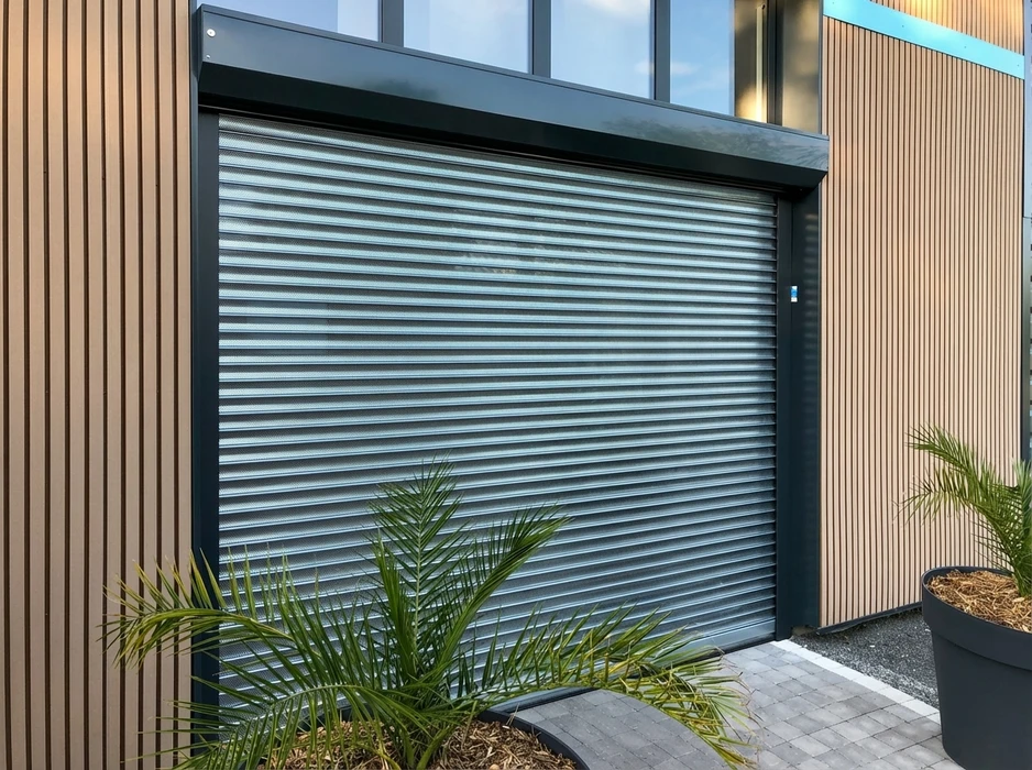 Façade extérieure moderne avec bardage bois composite vertical beige