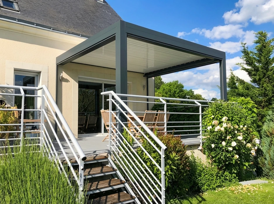 Terrasse extérieure moderne avec pergola bioclimatique à lames orientables en aluminium anthracite, adossée à une maison