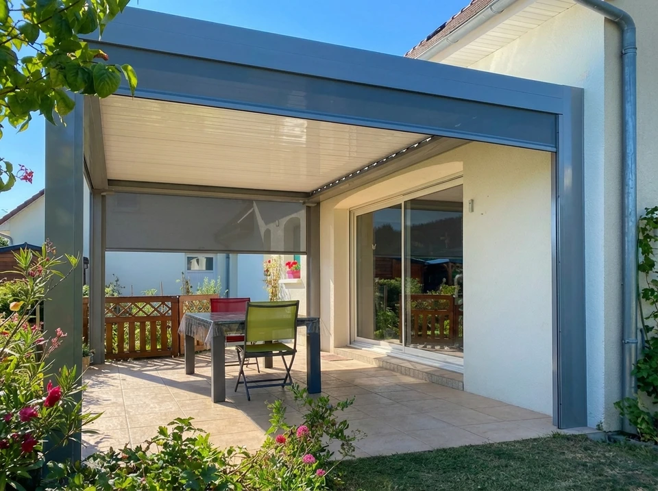Sc&egrave;ne ext&eacute;rieure montrant une pergola bioclimatique moderne adoss&eacute;e &agrave; une habitation