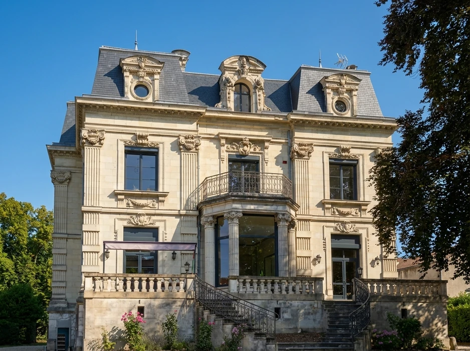 Salle de classe française vide, murs jaunes, stores occultants gris déployés sur grandes fenêtres