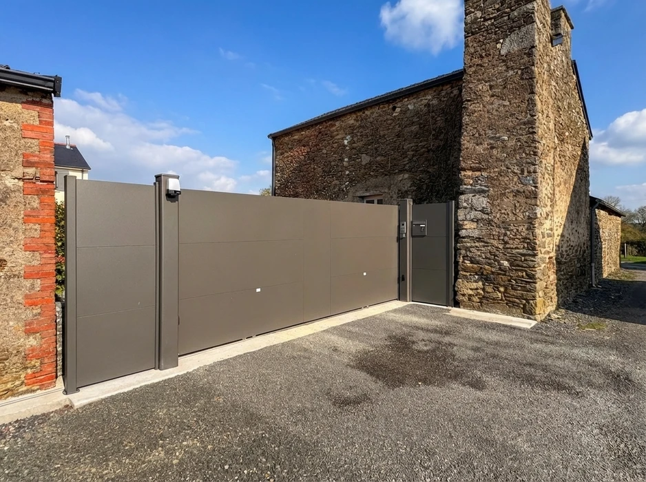 Vitrine commerciale en pierre de taille calcaire avec menuiserie aluminium anthracite